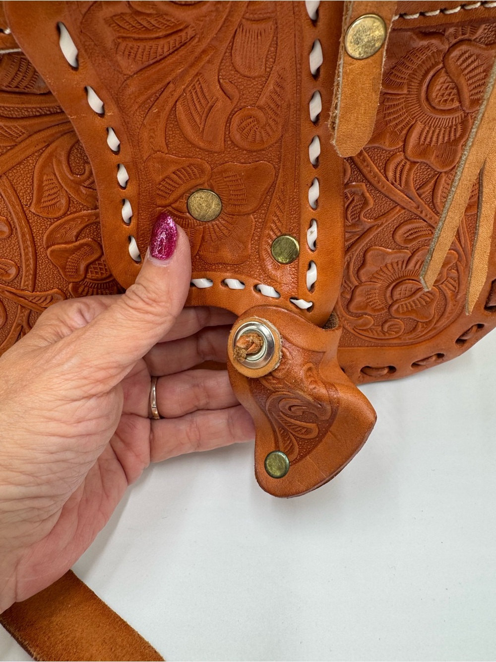 Vintage Rare Hand Tooled Leather Miniature Saddle Crossbody Bag Mod 802 Mexico - Picture 6 of 15